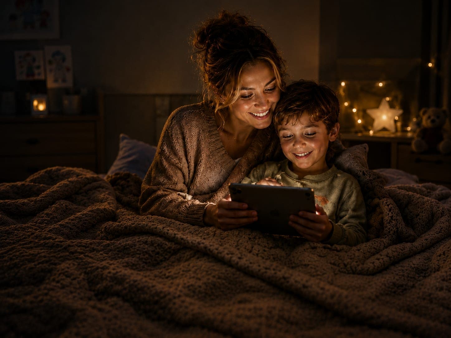 Pai lendo história para filho antes de dormir, quarto com iluminação quente