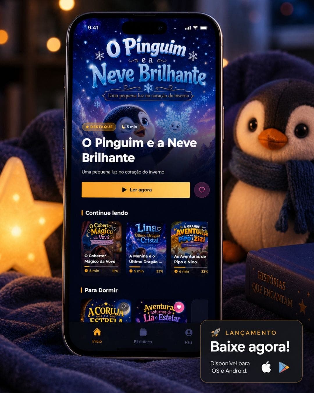 Lumi Kids — tela inicial com histórias em destaque